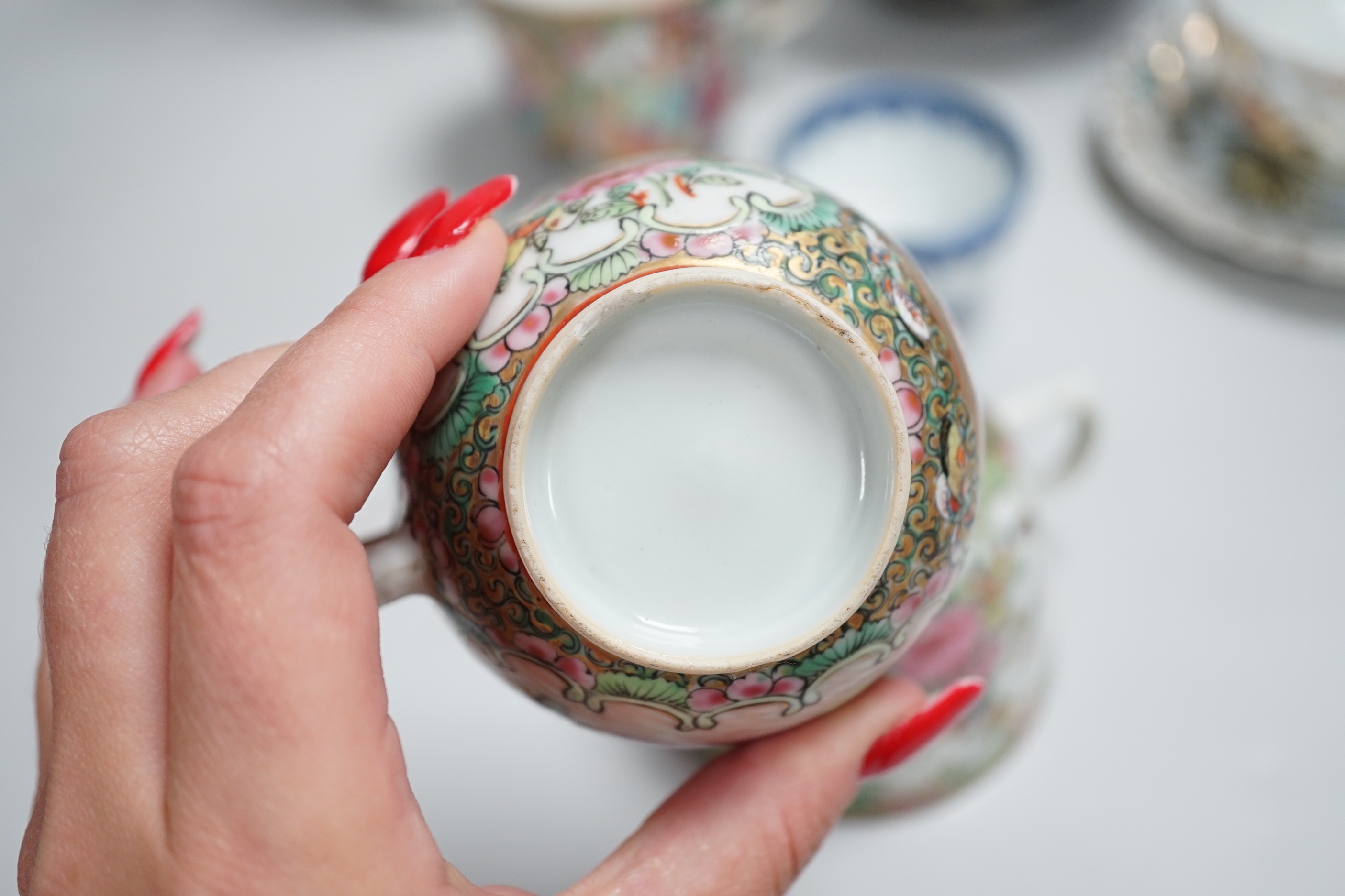 Chinese and Japanese ceramics including Canton cups and blue and white tea bowl, the largest 25cm high